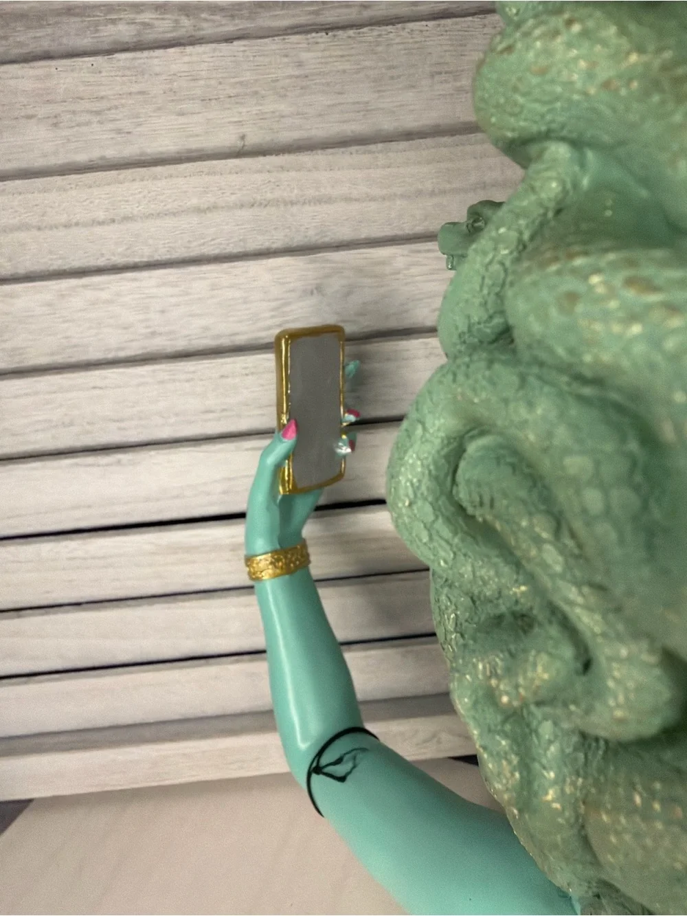 Aqua Medusa Vanity Statue with Pink Accents and Gold Detail
